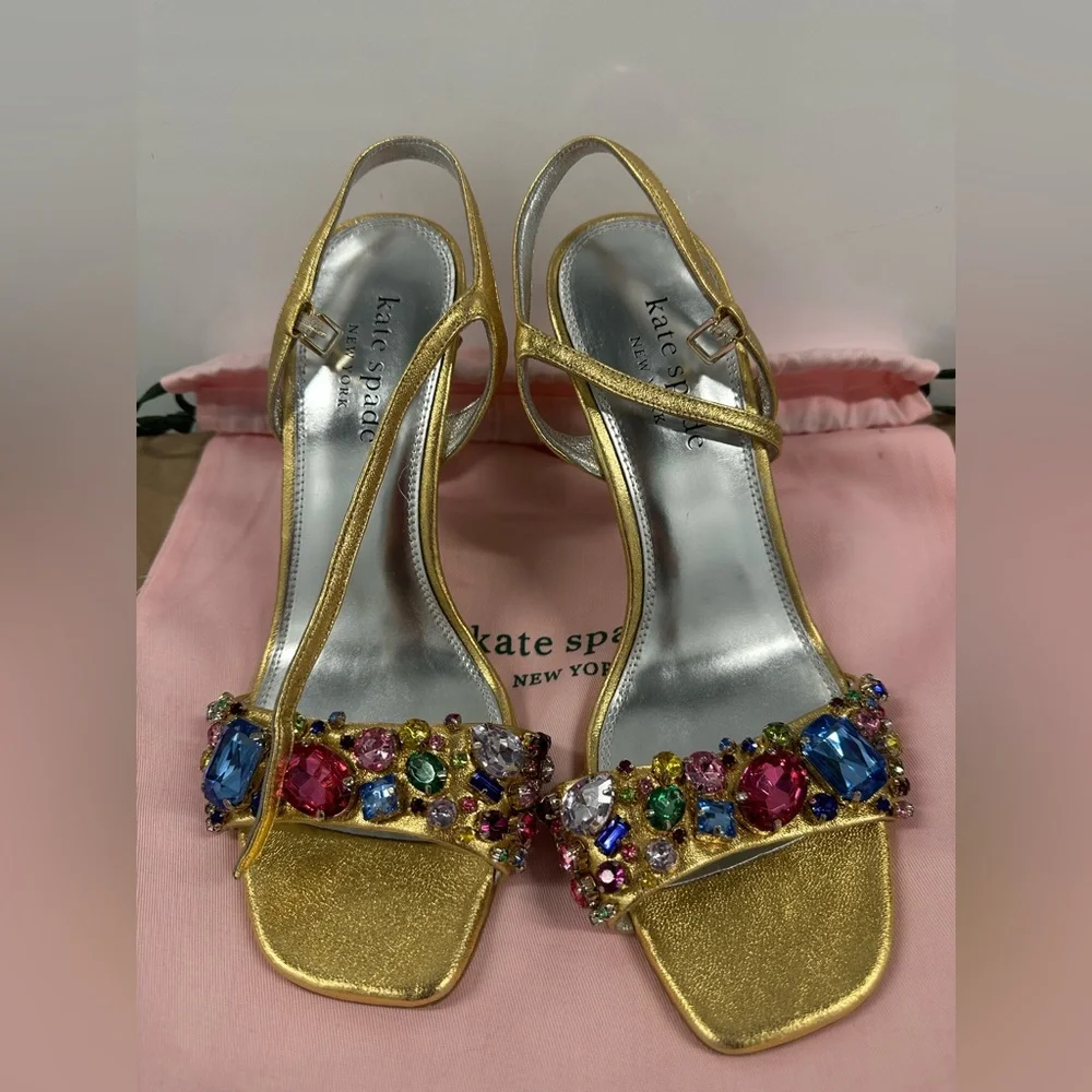 kate spade Gold Jeweled T-Strap Heels “treasure” Brand New Without Box